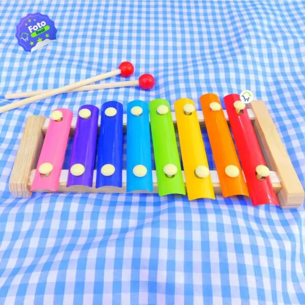 Xilófono infantil de 6 tonos coloridos con baquetas rojas, juguete musical para niños.