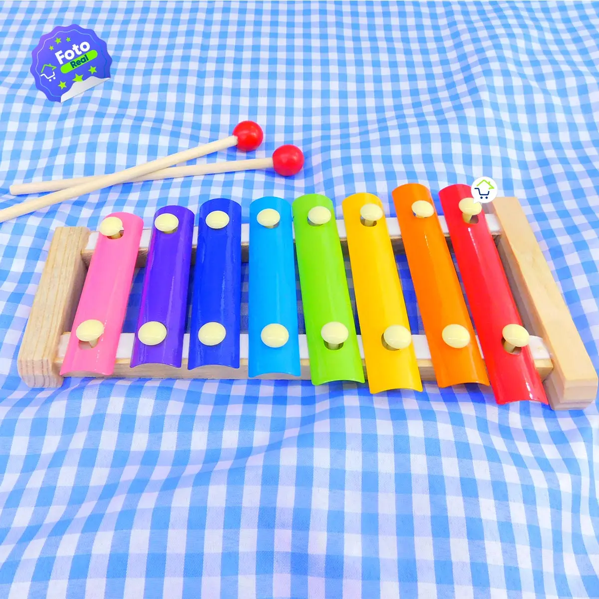 Xilófono infantil de 6 tonos coloridos con baquetas rojas, juguete musical para niños.