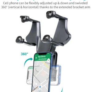 Soporte para celular de auto con rotación 360°, ajustable al retrovisor para vista vertical y horizontal.