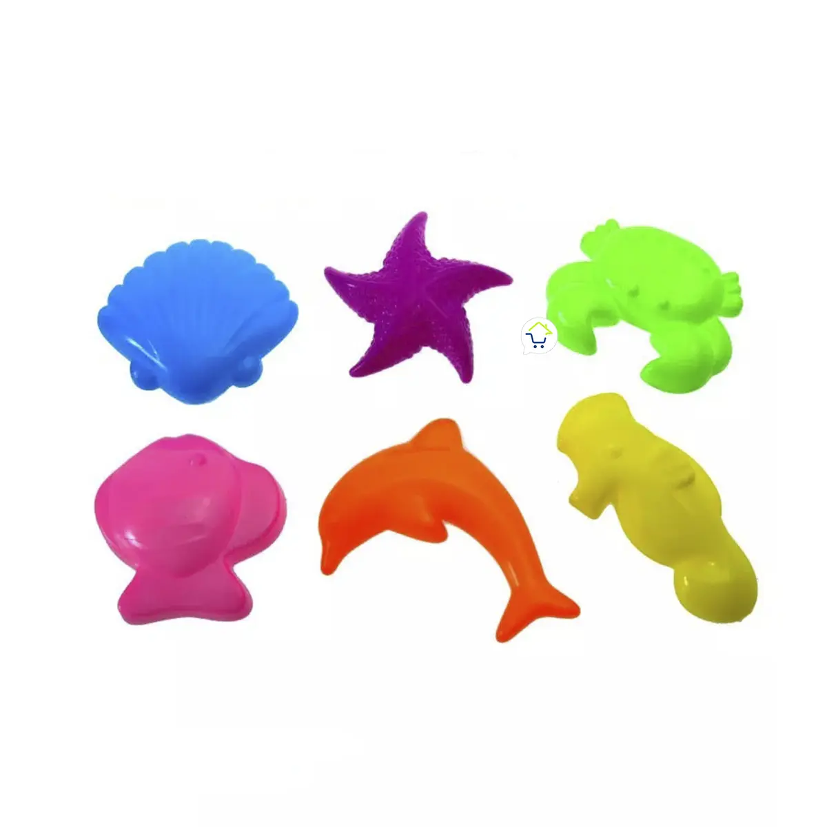 Juego de moldes para arena mágica: concha, estrella, cangrejo, pez, delfín y caballito de mar en vibrantes colores.
