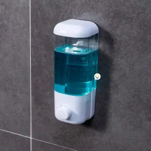 Dispensador de jabón líquido azul, 380 ml, para pared, ideal para shampoo o antibacterial.