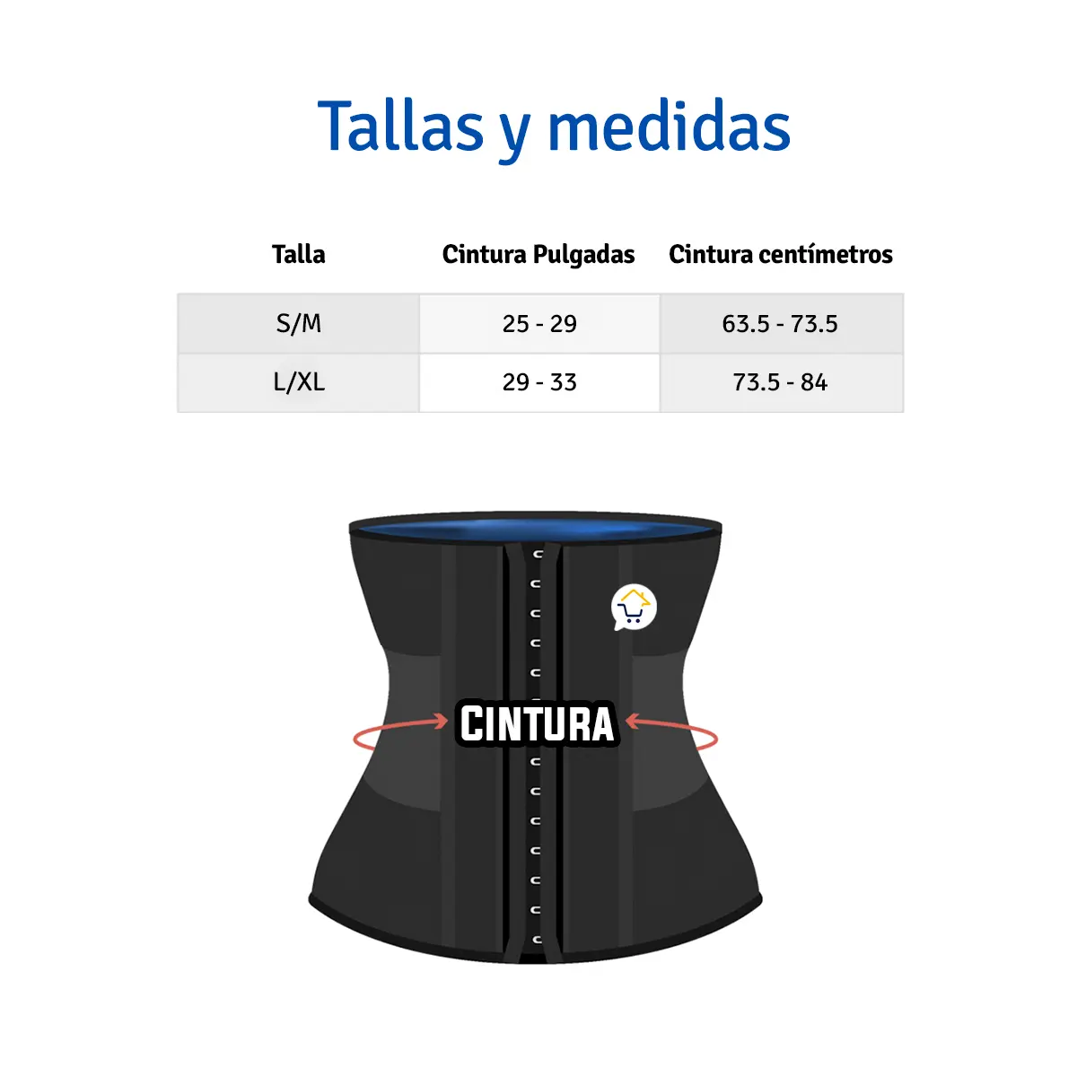 Faja reductora sauna para mujer: guía de tallas S/M y L/XL con medidas en pulgadas y centímetros.