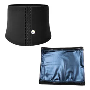 Faja reductora sauna negra para mujer, con broches frontales, y accesorio azul metálico.