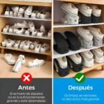 Set x4 Organizador de Zapatos: antes y después, maximiza espacio y ordena calzado.