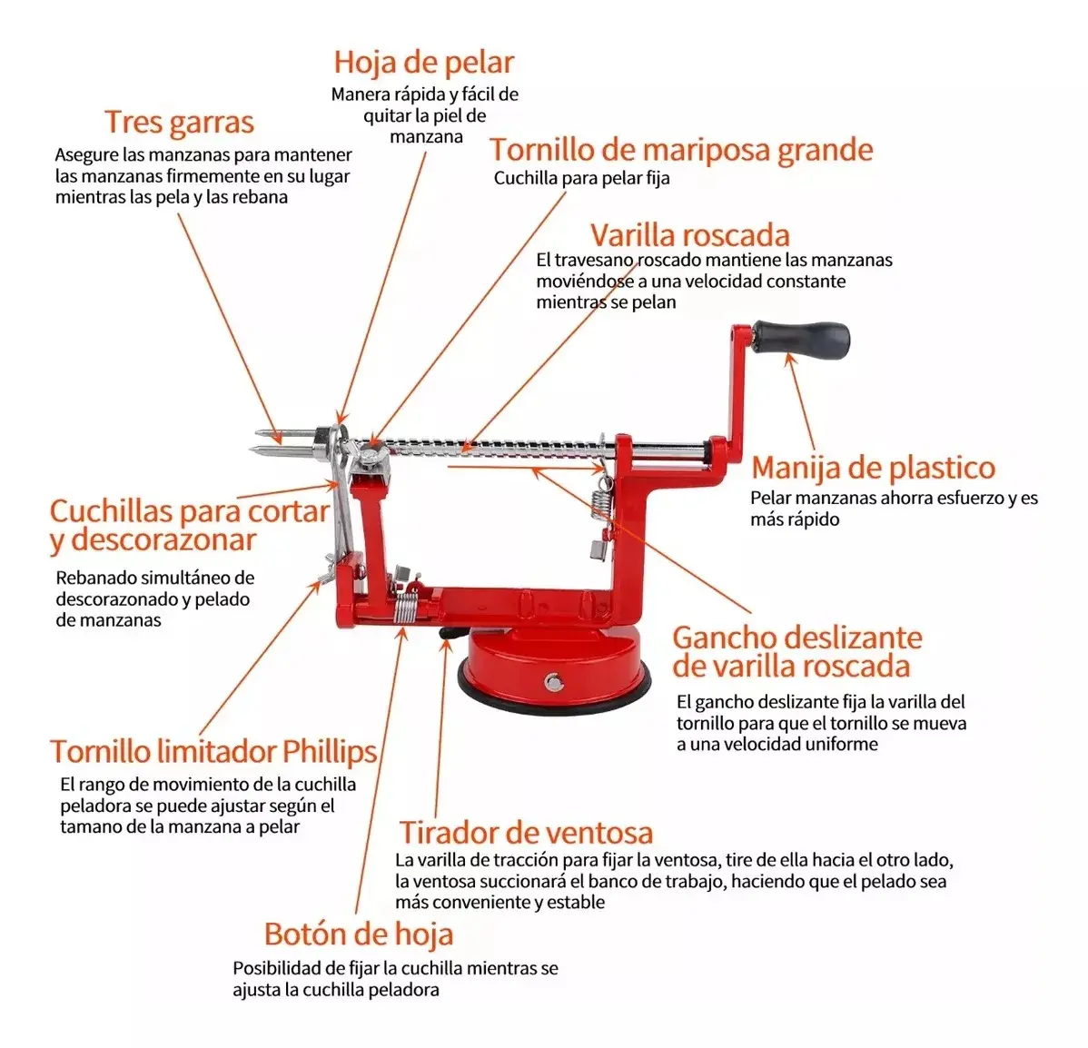 Pelador manual 3 en 1 para manzanas y verduras con cortador espiral y tres garras.