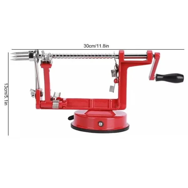 Pelador manual 3 en 1 de manzanas y verduras, cortador espiral con manivela y base de ventosa roja.