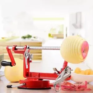 Pelador de manzanas 3 en 1 corta espiralmente, con base de succión y manivela roja.