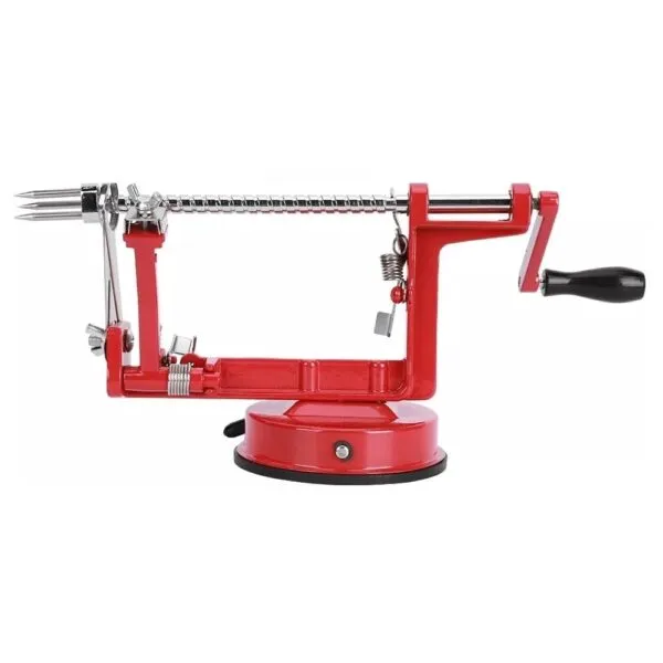 Pelador de manzanas manual 3 en 1 con cortador en espiral y base de ventosa roja.