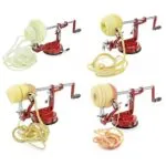 Pelador de manzanas 3 en 1 para cortar en espiral, con base roja y mango manual.
