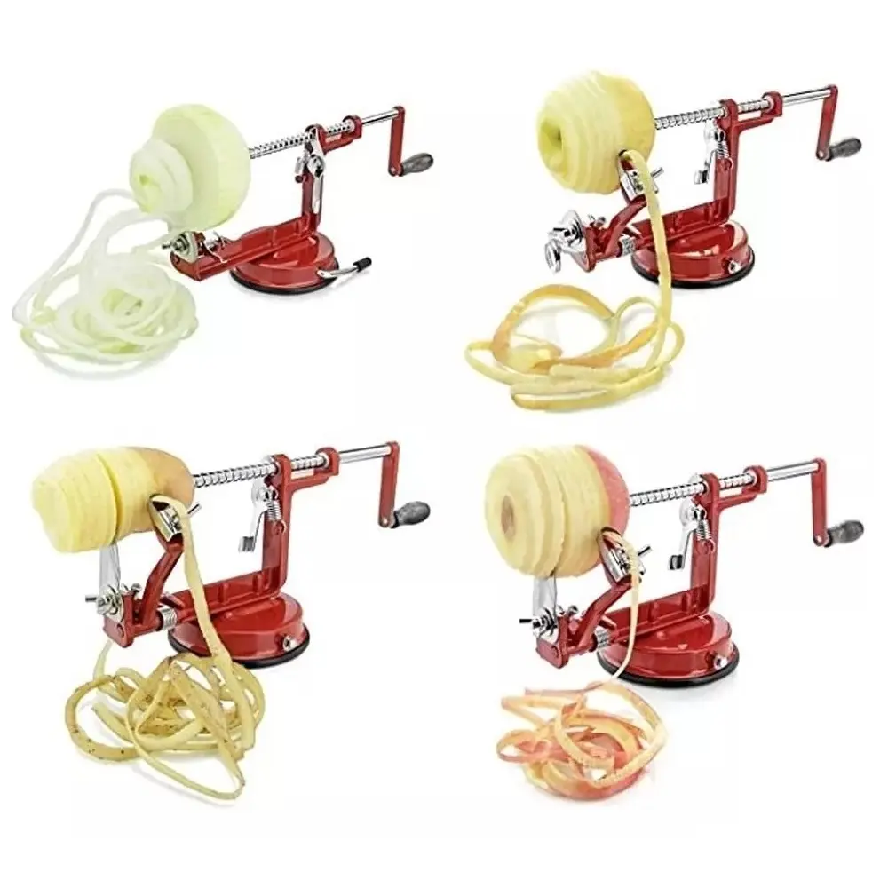 Pelador de manzanas 3 en 1 para cortar en espiral, con base roja y mango manual.