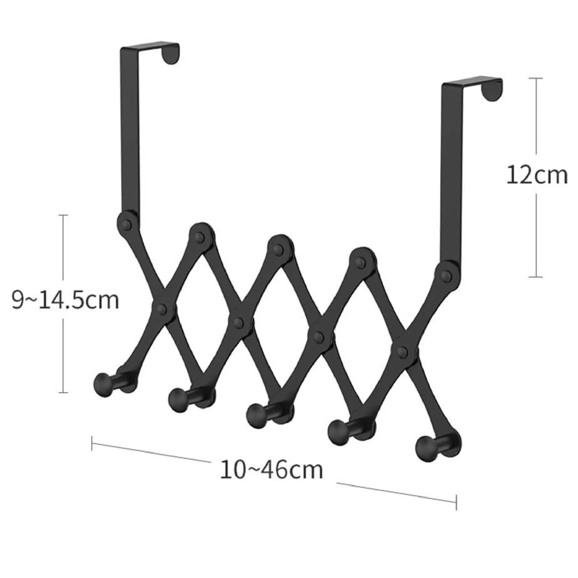 Perchero plegable de 5 ganchos para puerta, organizador extensible de 10-46cm, color negro.