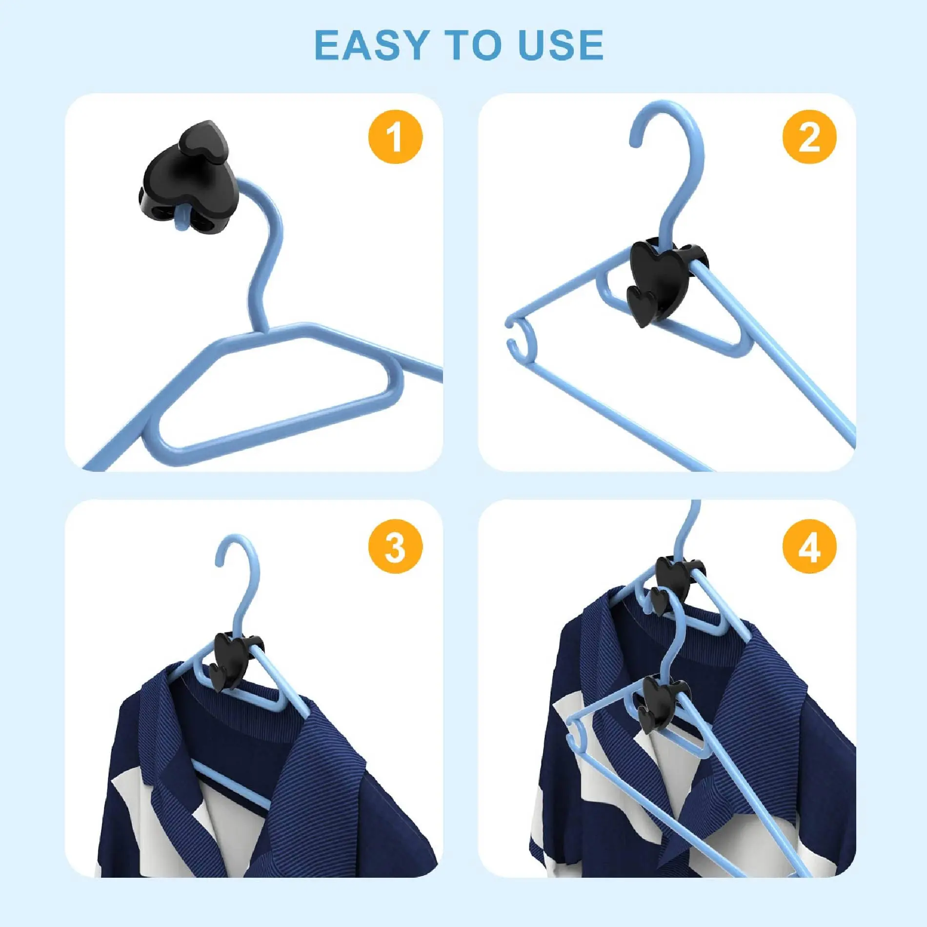 Ganchos conectores para ropa en forma de corazón, facilitan colgar varias prendas en un solo perchero.