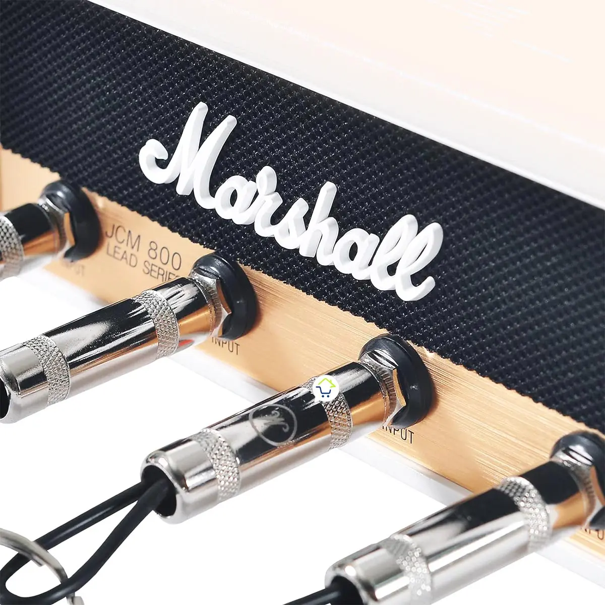 Portallaves de amplificador de guitarra Marshall JCM 800 con entradas jack, diseño icónico.