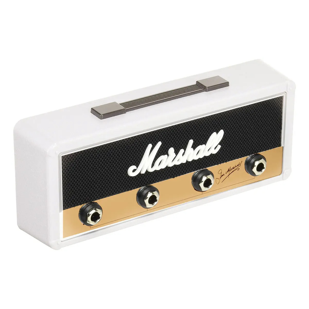 Portallaves de amplificador de guitarra Marshall blanco con logo y entradas de jack.