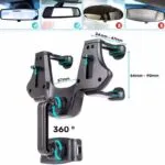 Soporte expandible para celular en retrovisor de auto, rotación 360 grados, ajustable.