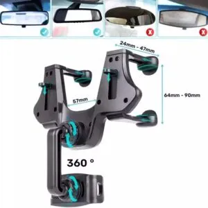 Soporte expandible para celular en retrovisor de auto, rotación 360 grados, ajustable.