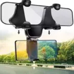 Soporte celular para retrovisor de auto expandible, rota 360 grados, ideal para navegación.