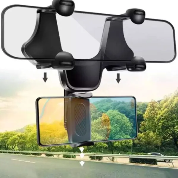 Soporte celular para retrovisor de auto expandible, rota 360 grados, ideal para navegación.