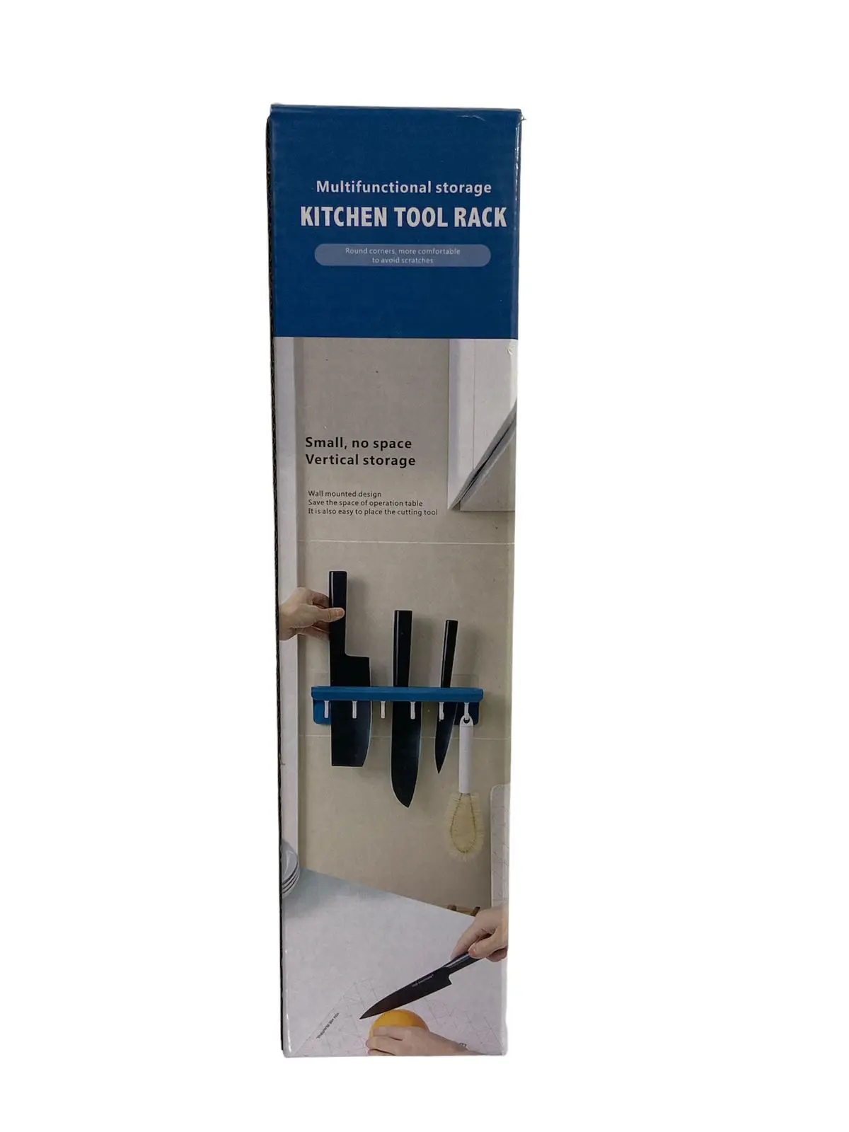 Soporte para cuchillos de cocina montado en pared, con diseño de almacenamiento vertical y de bajo espacio.