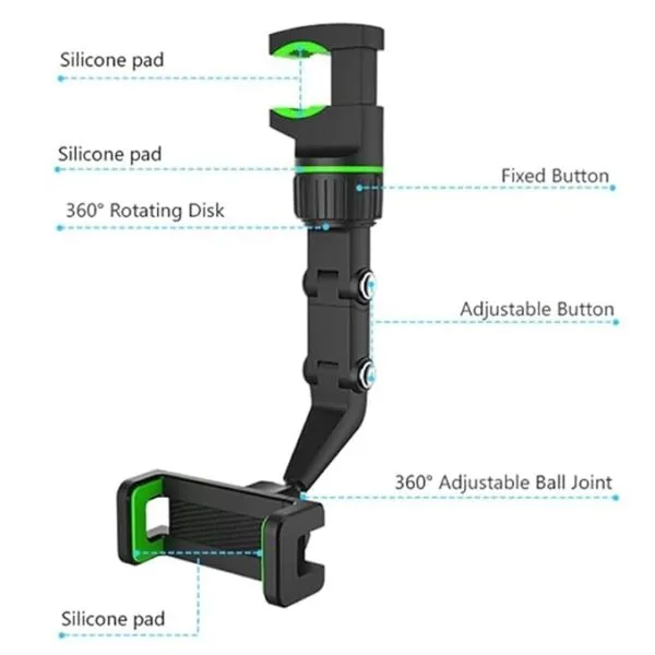 Soporte 360º para teléfono con clips de silicona para espejo retrovisor de coche.