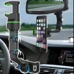 Soporte 360° para teléfono, se acopla al espejo retrovisor del carro, ideal para navegación.