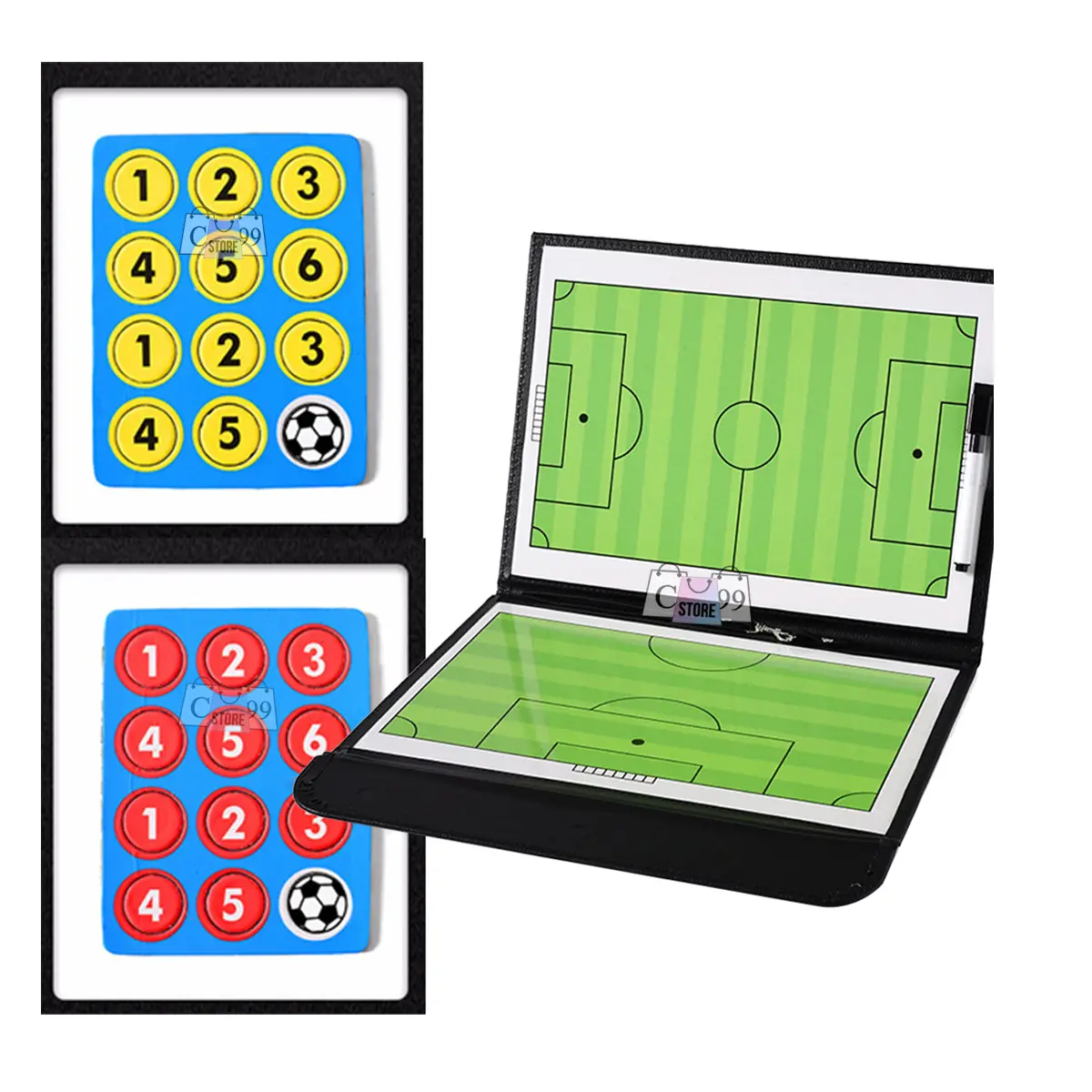 Tablero táctico de fútbol portátil con diseño de carpeta y fichas numéricas para entrenamiento.