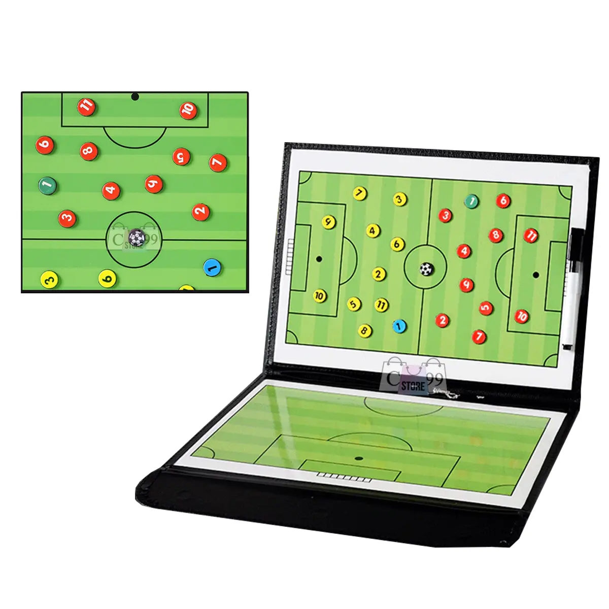 Tablero táctico de fútbol portátil, carpeta de entrenamiento con diseño de campo y fichas numéricas.