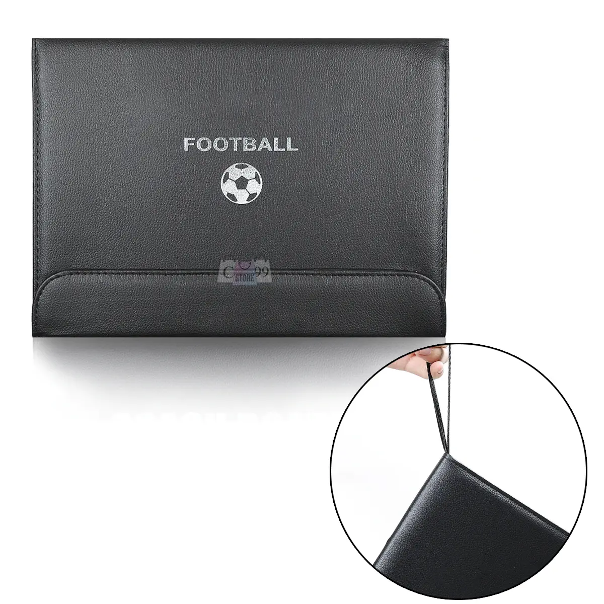 Carpeta táctica de fútbol portátil con diseño de entrenamiento.
