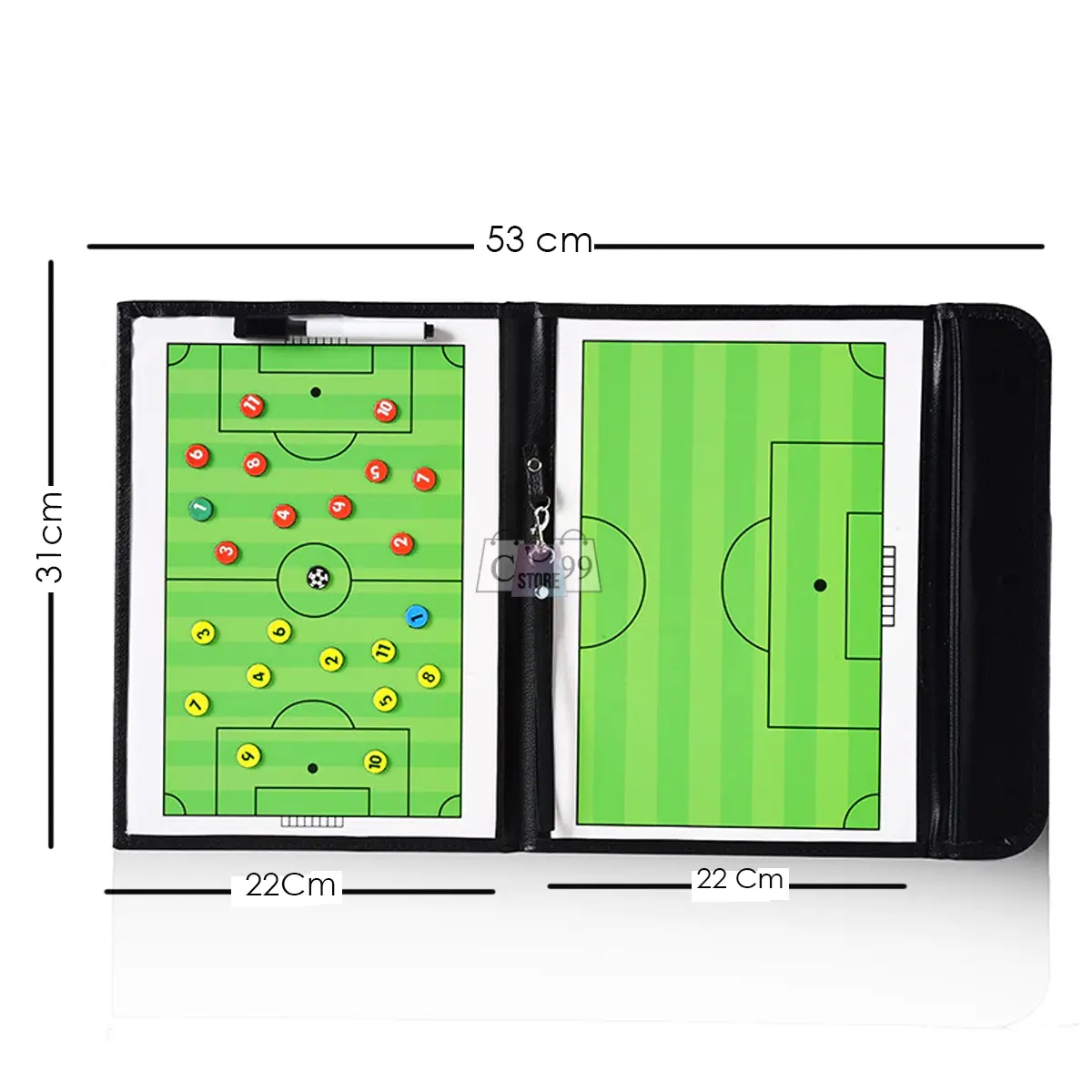 Tablero táctico de fútbol portátil de entrenamiento, diseño de carpeta con campo y fichas, 53x31 cm.