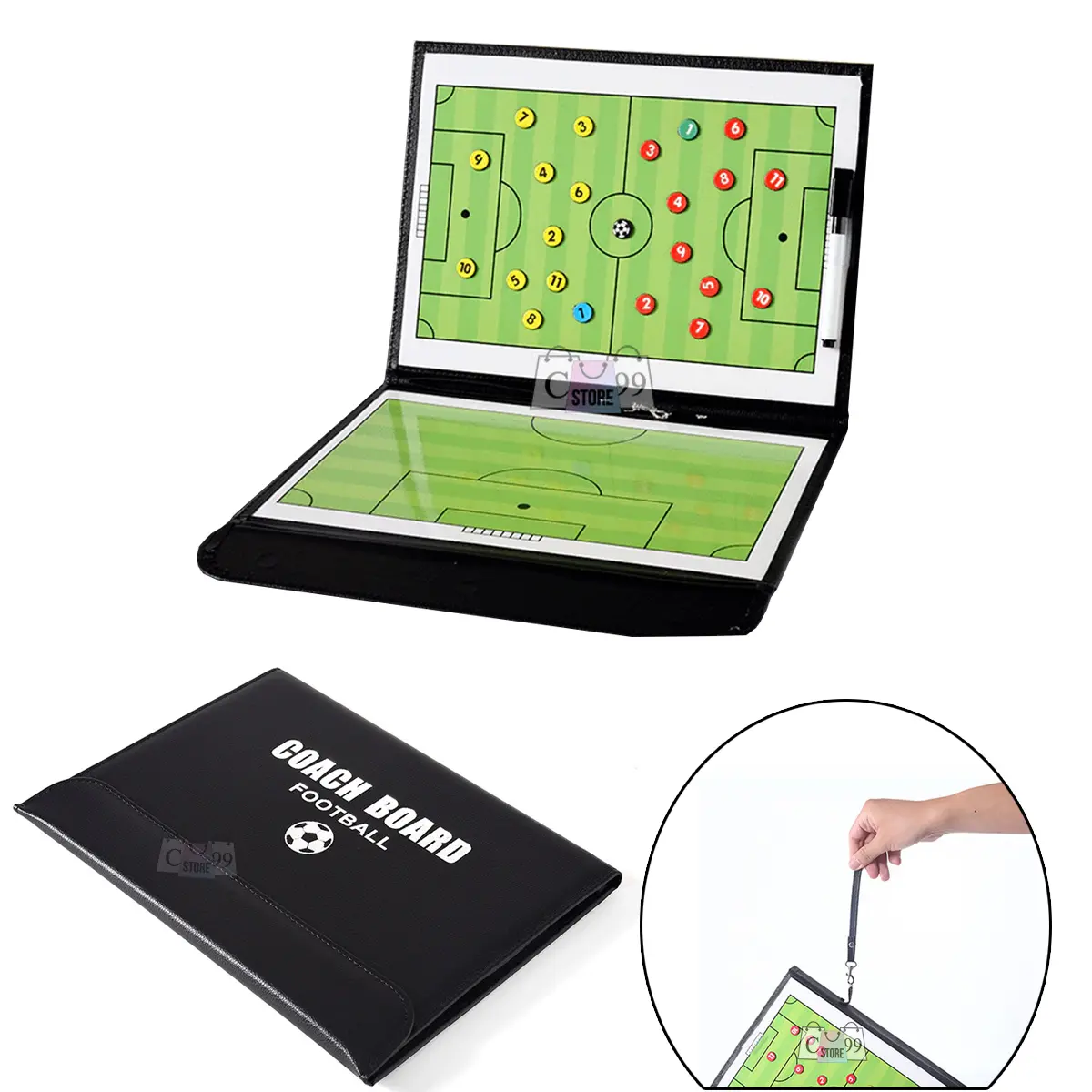 Tablero táctico de fútbol portátil en diseño de carpeta negra, ideal para entrenamientos.
