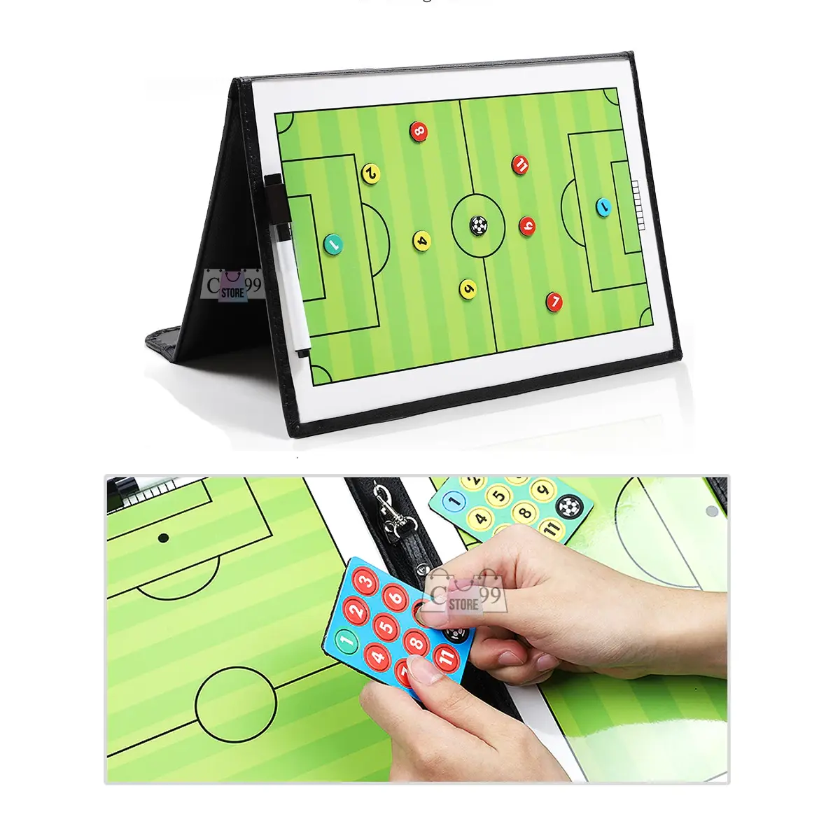 Tablero táctico de fútbol portátil en diseño de carpeta con fichas de jugadores numeradas y campo de juego.