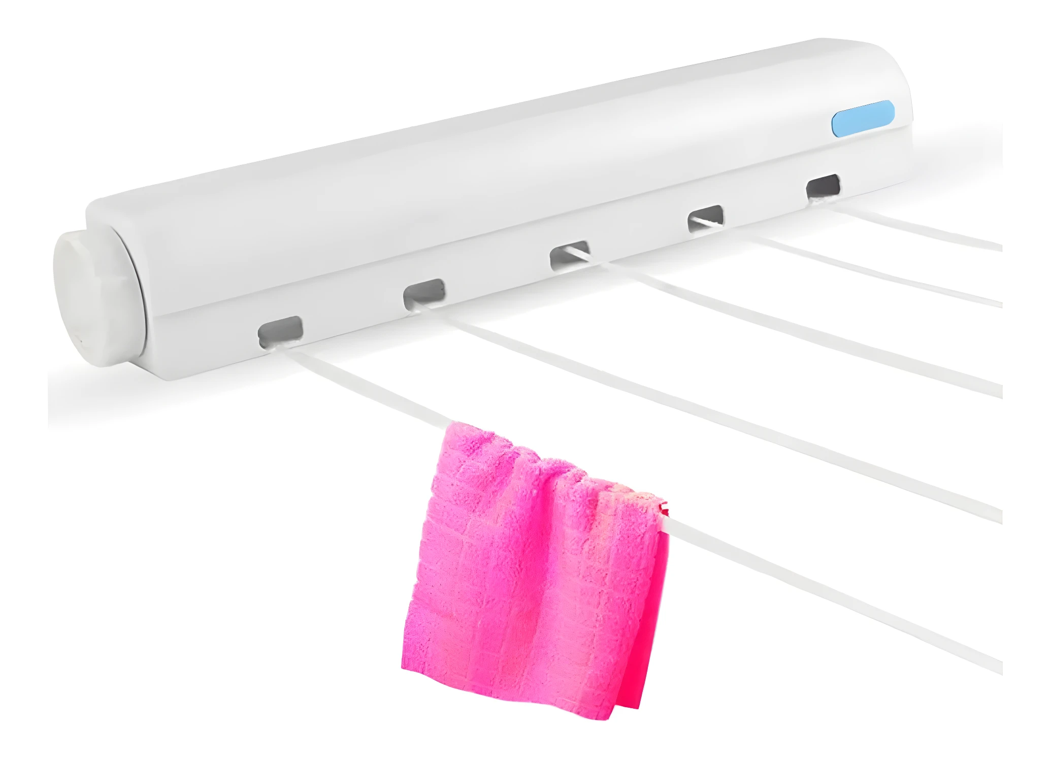 Tendedero plegable blanco de 5 cuerdas con toalla rosa colgando.