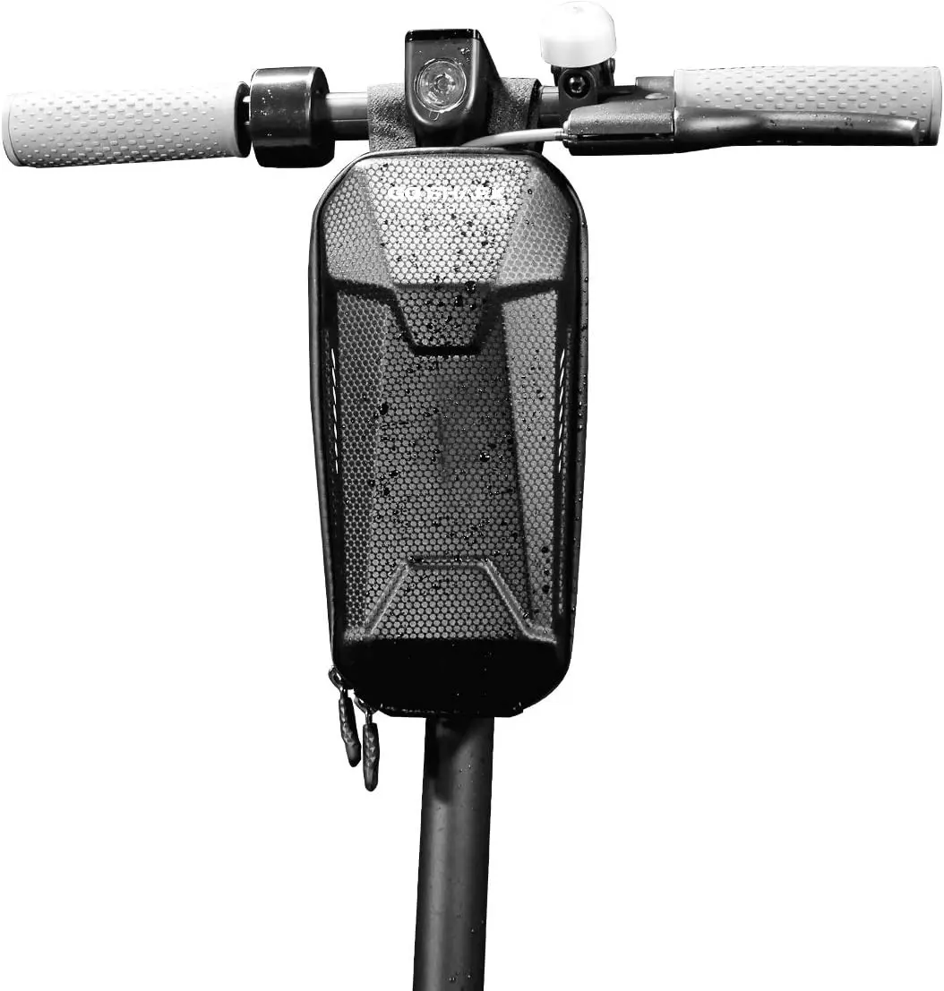 Maletín para patineta con rejilla y detalles de gota de agua, montado en el manillar.