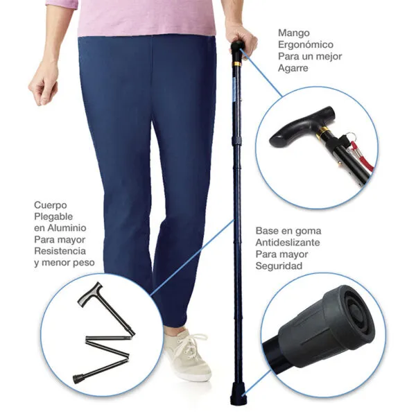 Bastón plegable portable de aluminio, mango ergonómico, base antideslizante y diseño ligero.