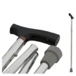 Bastón plegable portable plateado con empuñadura negra, ideal para adultos mayores.