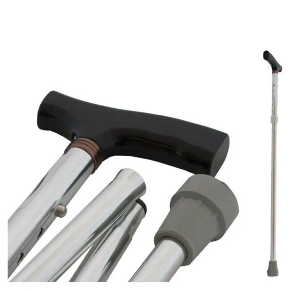 Bastón plegable portable plateado con empuñadura negra, ideal para adultos mayores.