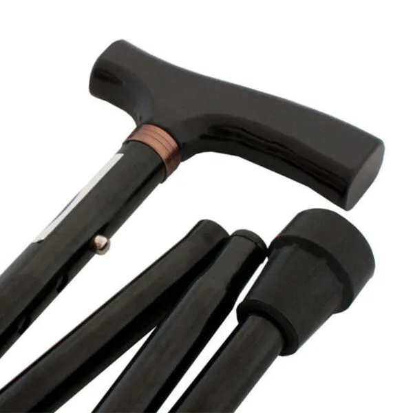 Bastón plegable portable negro, mango ergonómico, ligero y ajustable para mayor comodidad.