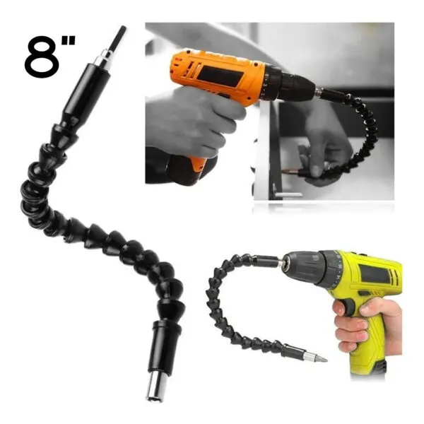 Extensión flexible de 8" para taladro con broca, ideal para espacios reducidos y usos profesionales.