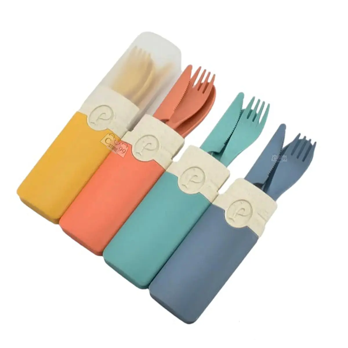 Juego de cubiertos viajeros para camping con estuche, cuatro unidades en colores: amarillo, naranja, turquesa y azul.