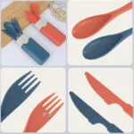 Juego de cubiertos viajeros de camping azul y coral, con estuche, ideal para llevar.