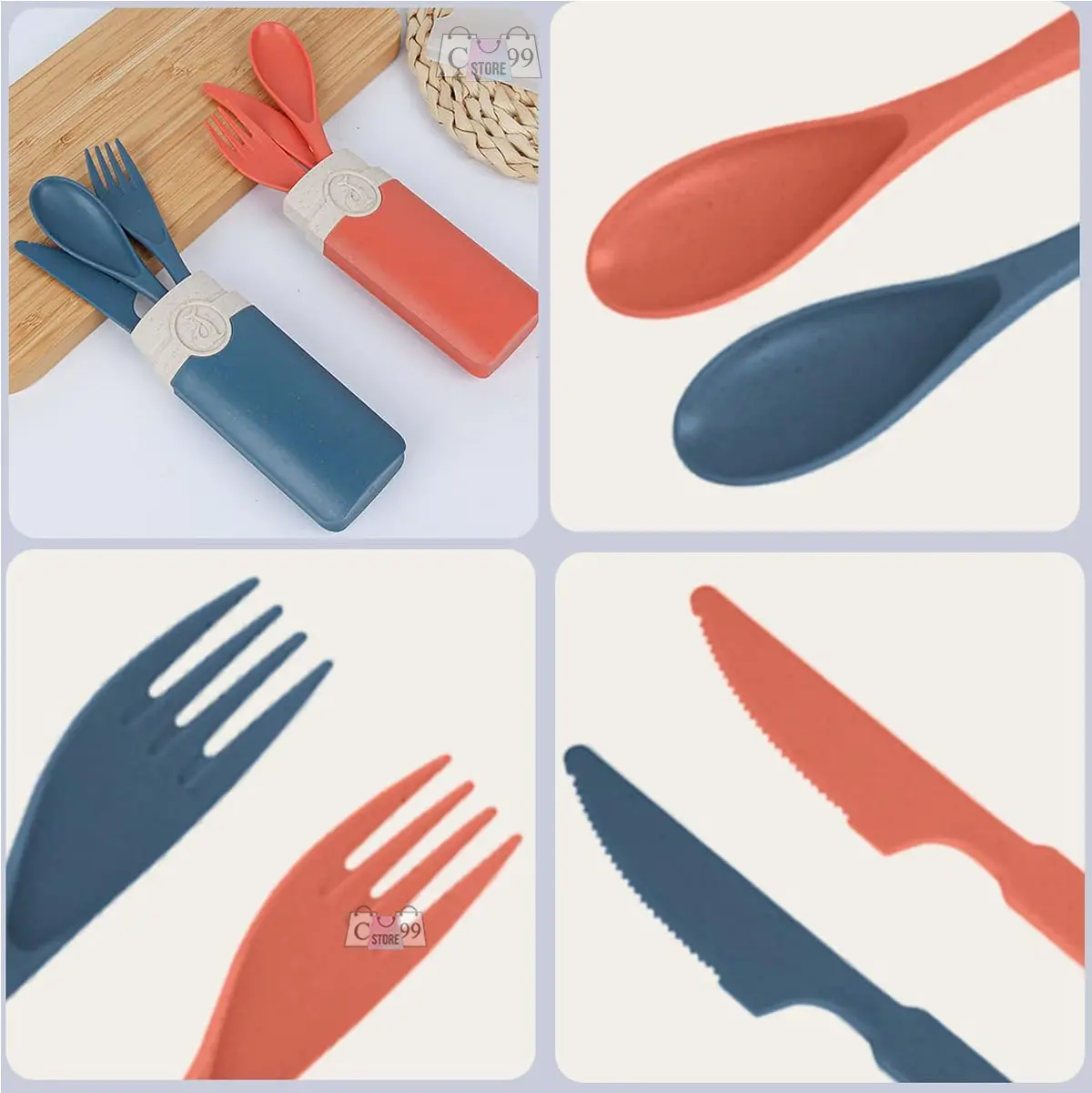 Juego de cubiertos viajeros de camping azul y coral, con estuche, ideal para llevar.