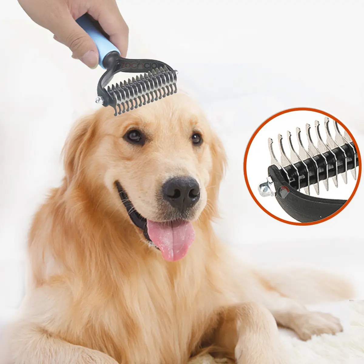 Cepillo para mascotas que recorta pelos de Golden Retriever, con detalle de cuchillas.