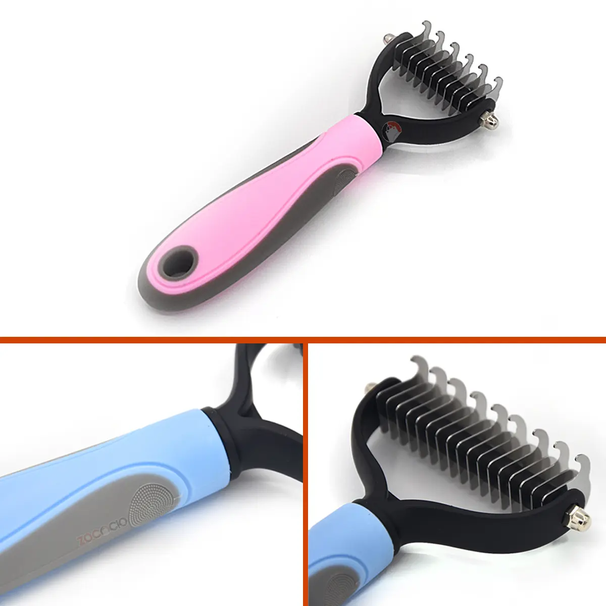 Cepillo para mascotas de doble cara: remueve nudos y pelo suelto, mango ergonómico.