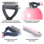 Cepillo para mascotas con cuchillas curvas para deshacer nudos y mango antideslizante.