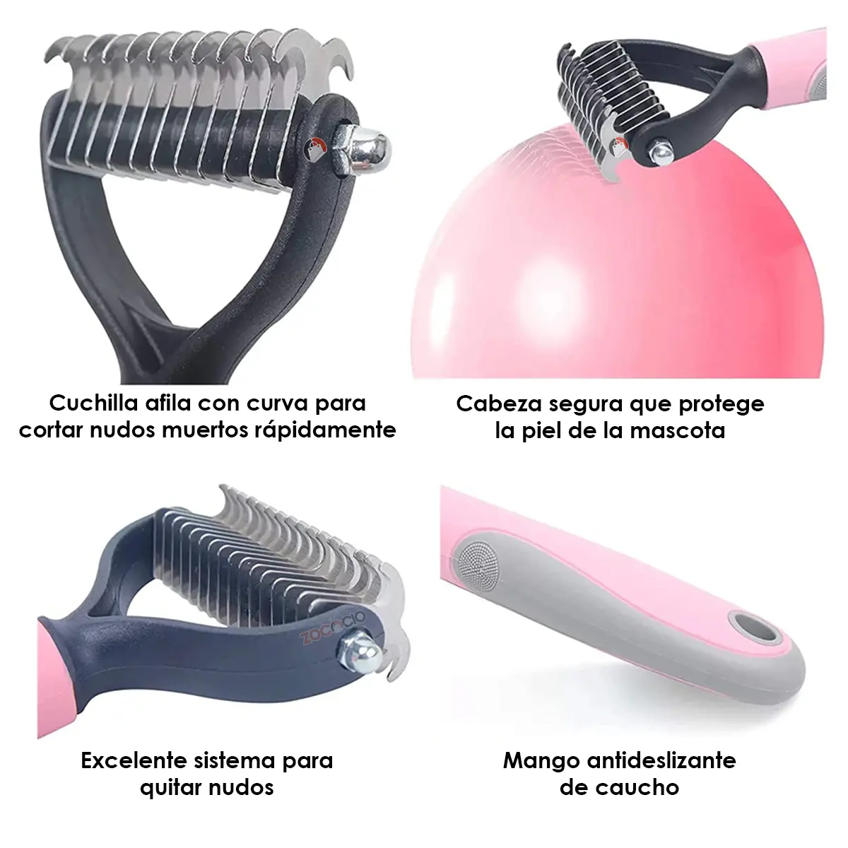 Cepillo para mascotas con cuchillas curvas para deshacer nudos y mango antideslizante.