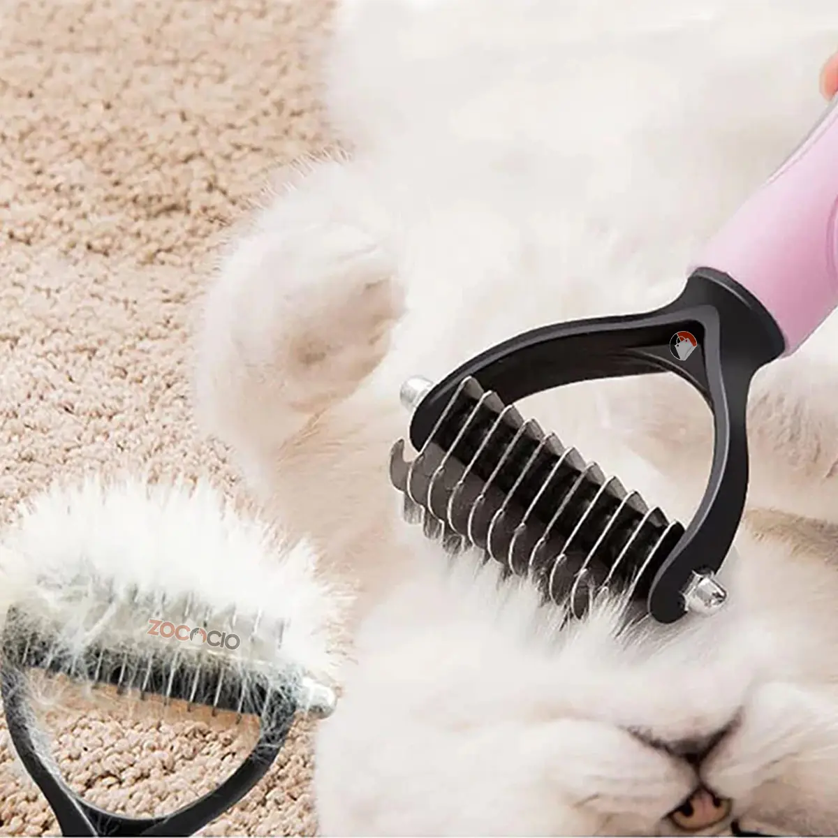 Cepillo para mascotas que recorta el pelo, ideal para gatos y perros con pelaje abundante.