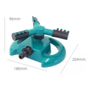 Aspersor rociador de riego 360° automático para jardín, base circular y brazos giratorios.