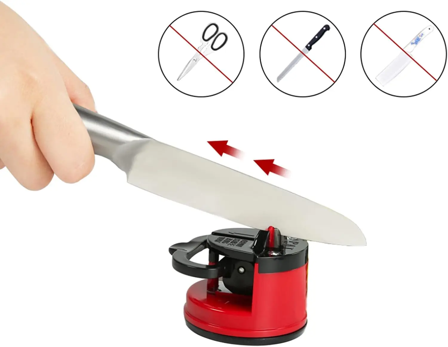 Afilador de cuchillos con ventosa afilando un cuchillo de chef, no usar con tijeras o cuchillos serrados.