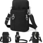 Mini bolso billetera porta celular manos libres para mujer, con corazón colgante y correa ajustable.