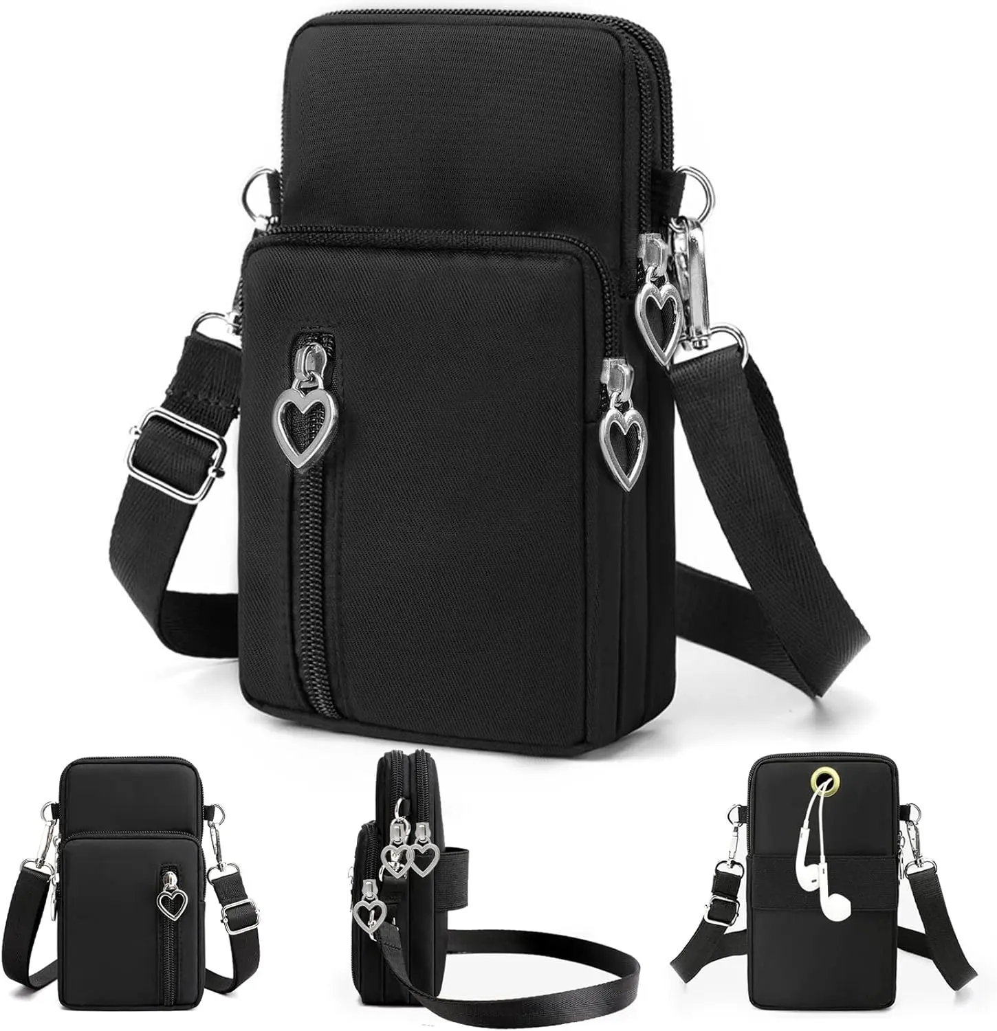 Mini bolso billetera porta celular manos libres para mujer, con corazón colgante y correa ajustable.